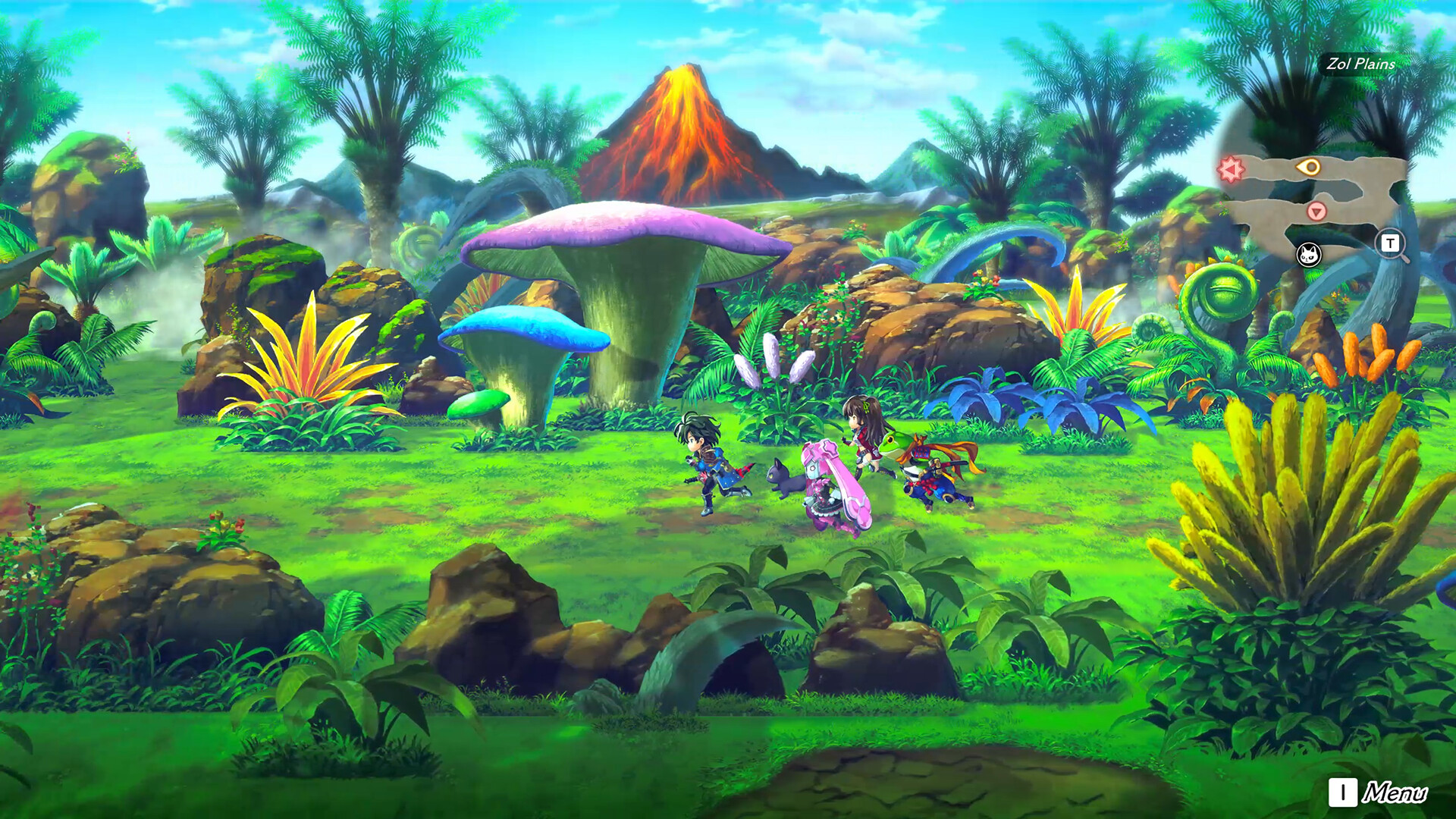 Zol Plains, a lush field area with a volcano